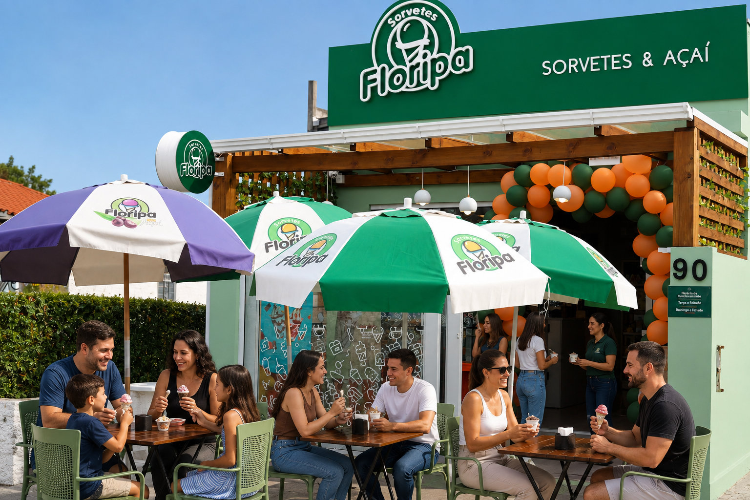 Fachada externa da loja Sorvetes Floripa no Campeche com clientes